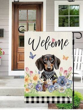 Welcome Dachshund Garden Flag in Black and Cream